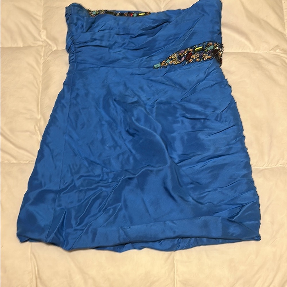 Blue Strapless Dress with Beaded Detail